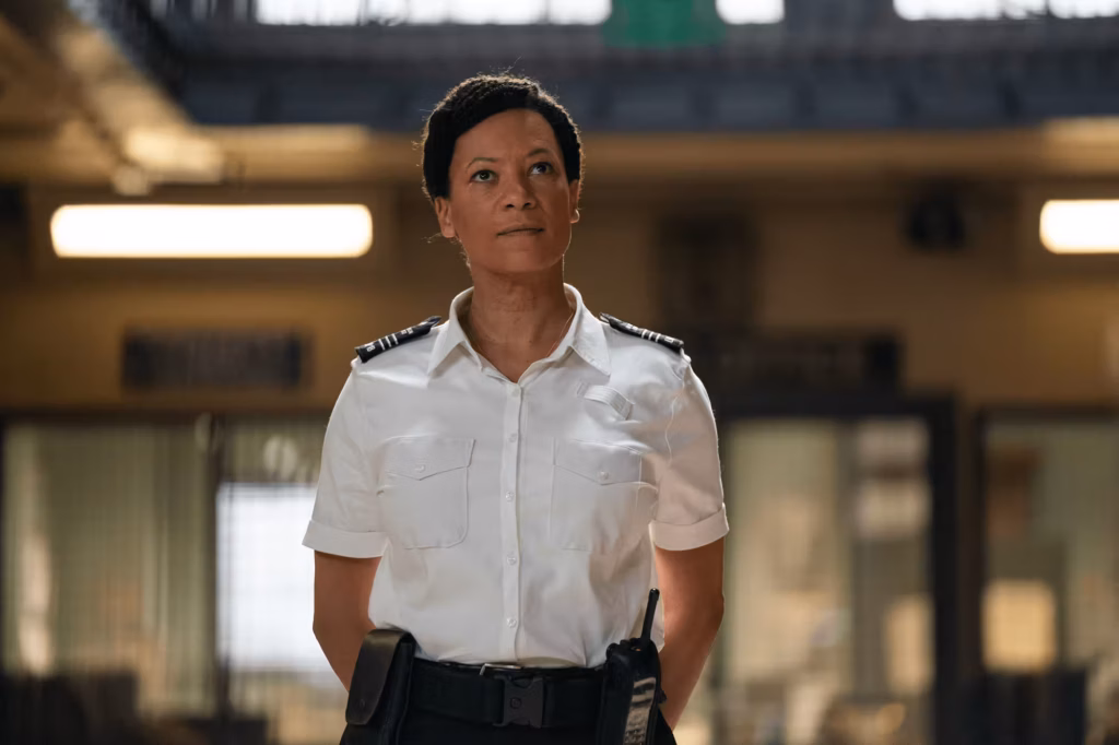 Woman in a prison officer outfit standing in a cell block.