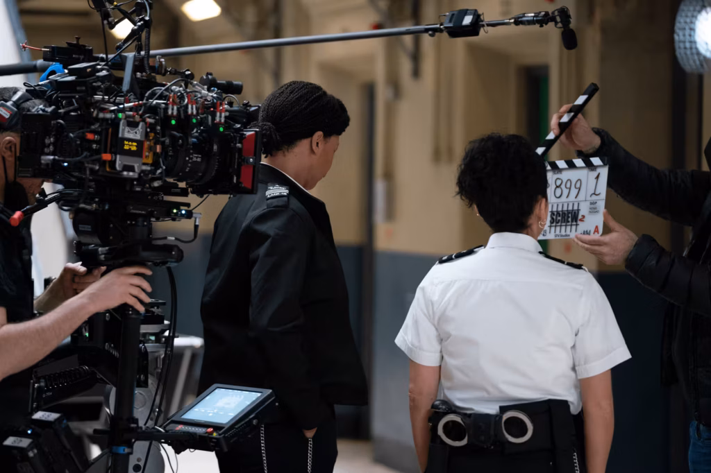 Two women dressed as prison officers preparing to act, with a clapperboard and camera crew visible at the edges of the frame.