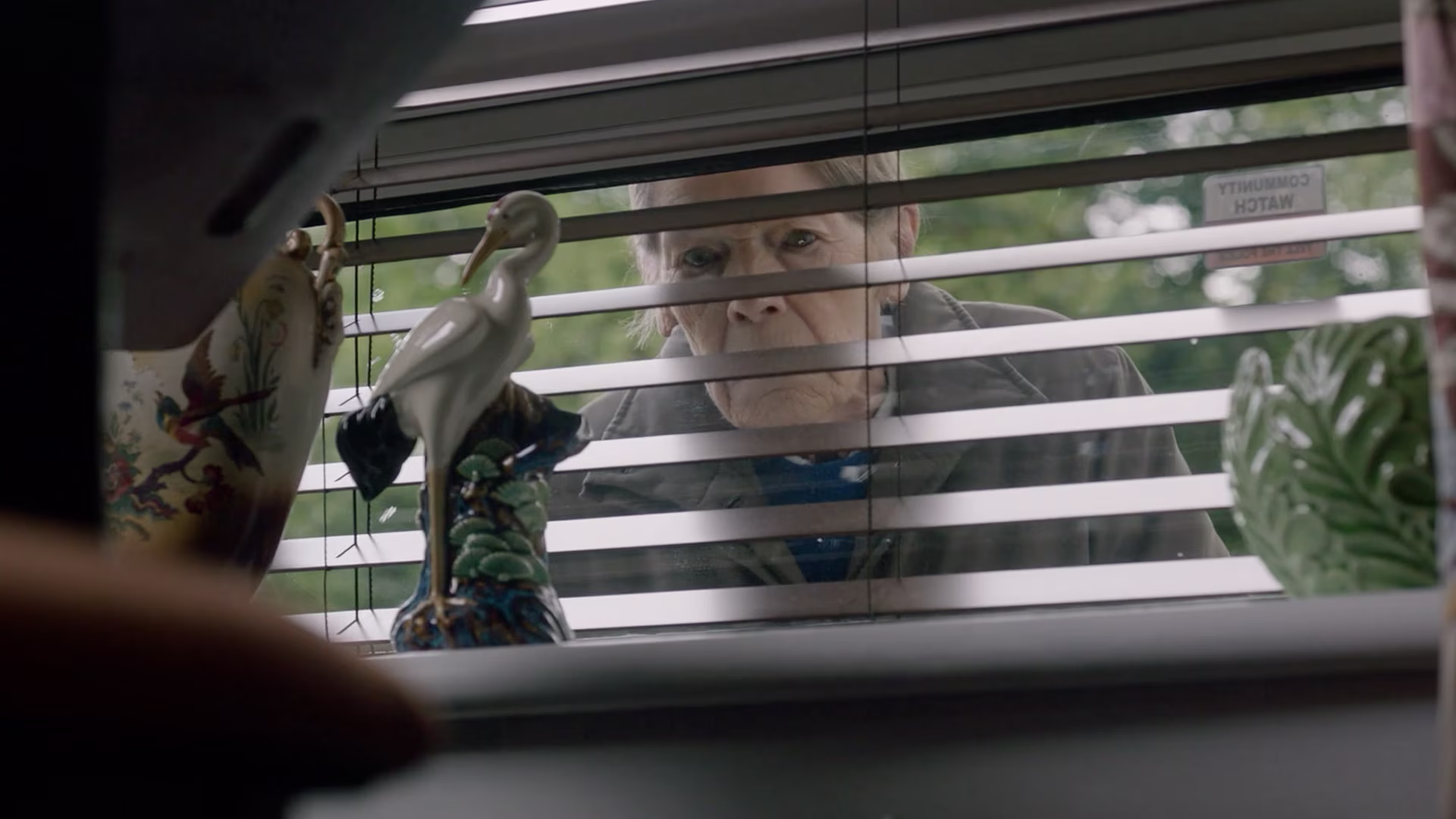 Elderly woman looking through Venetian blinds from outside into a home.