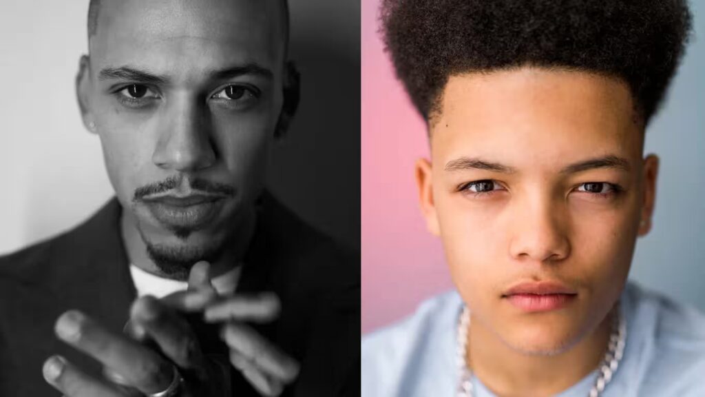 Black and white headshot of male actor side by side with a young boy's headshot